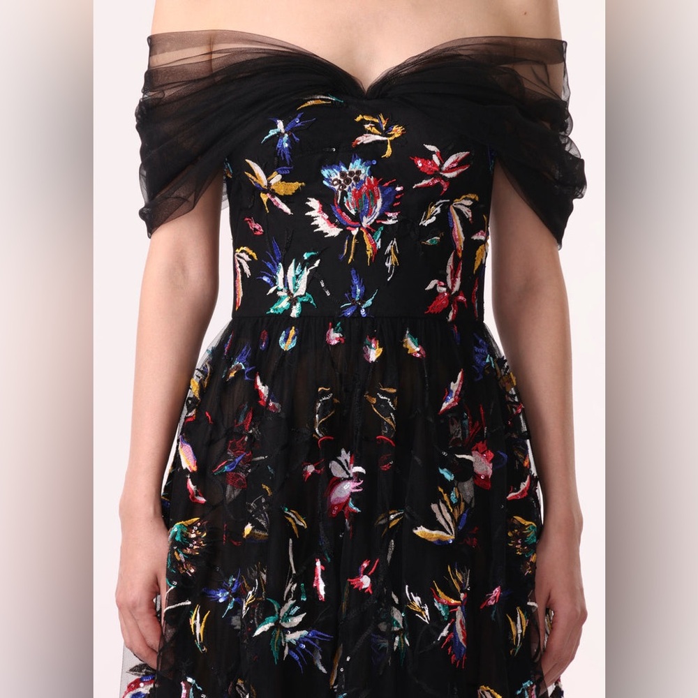 Jason Wu Collection Embroidered Tulle off the shoulder black cocktail dress
